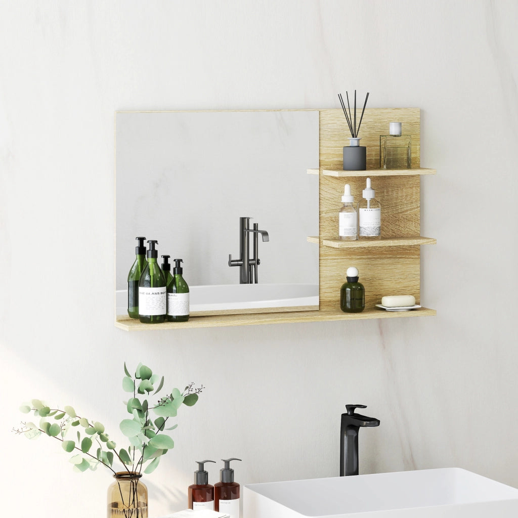 Specchio Bagno con Ripiani Laterali e Inferiore in Legno e Vetro ¨C Minimal ¨C 75x10x48 cm