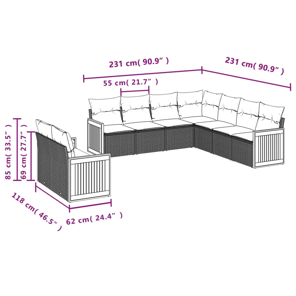 Set Divano da Giardino 9 pz con Cuscini Beige in Polyrattan 3227780