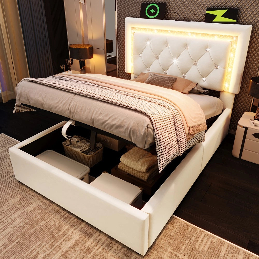 Letto Imbottito Singolo con Contenitore Idraulico e LED ¨C MINIMAL ¨C Velluto Beige 90x200