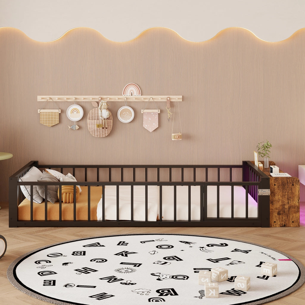 LETTO 90x200 cm in metallo e MDF con sponda, vano aperto e LED, nero