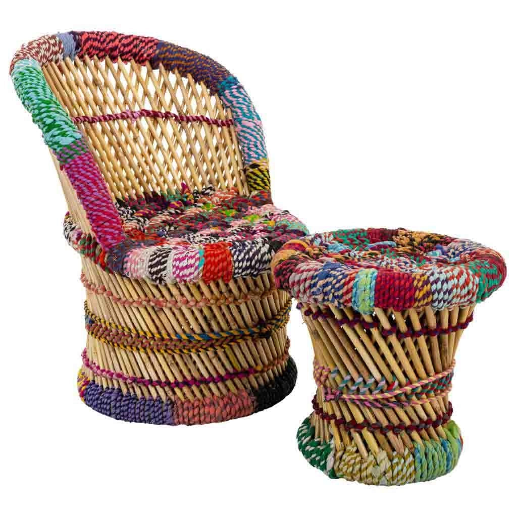 Set di 2 poltroncine e sgabello in bambù e corda colorata