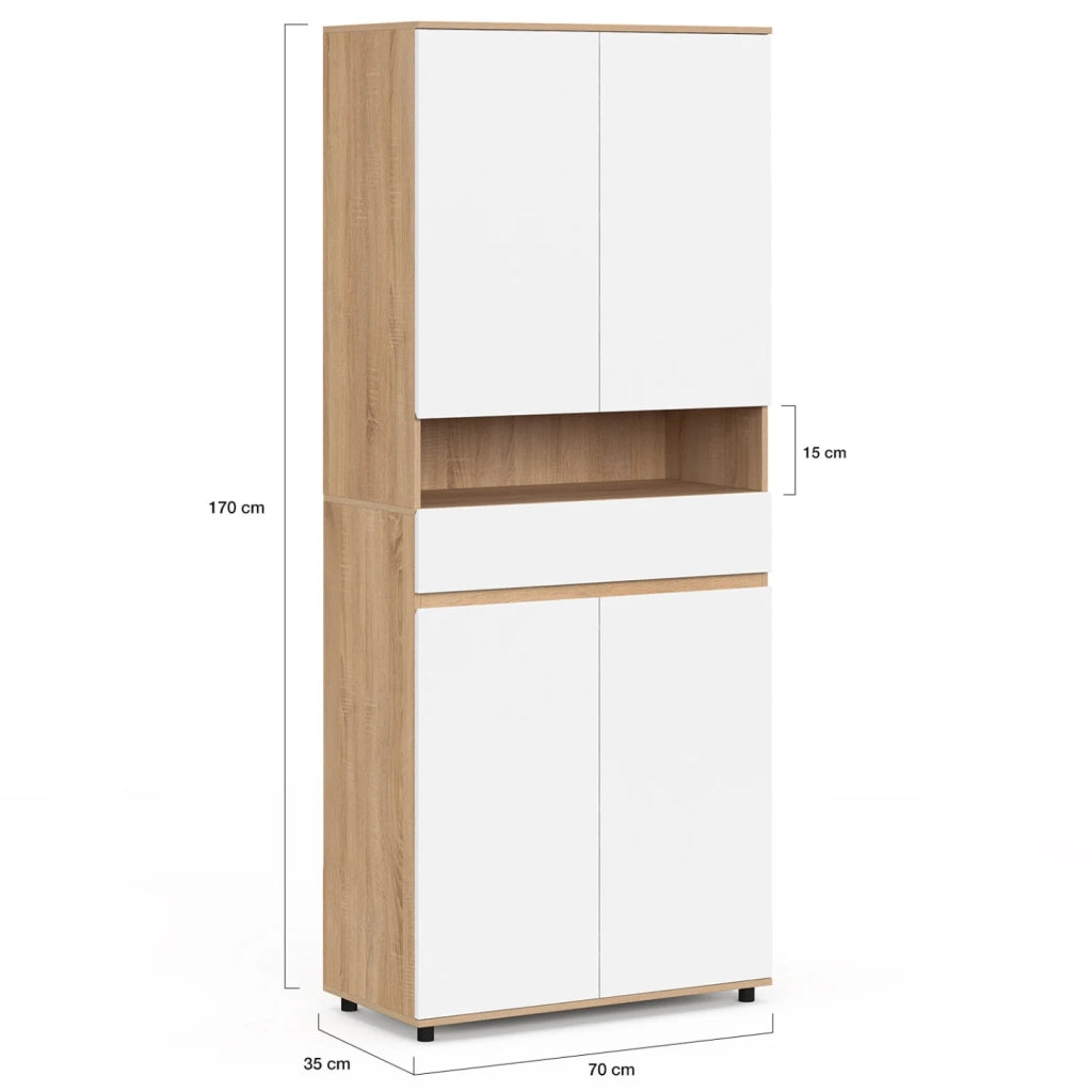 IDMarket - Mobile bagno TOMI 4 ante 2 cesti portabiancheria estraibili 1 cassetto finitura faggio e bianco