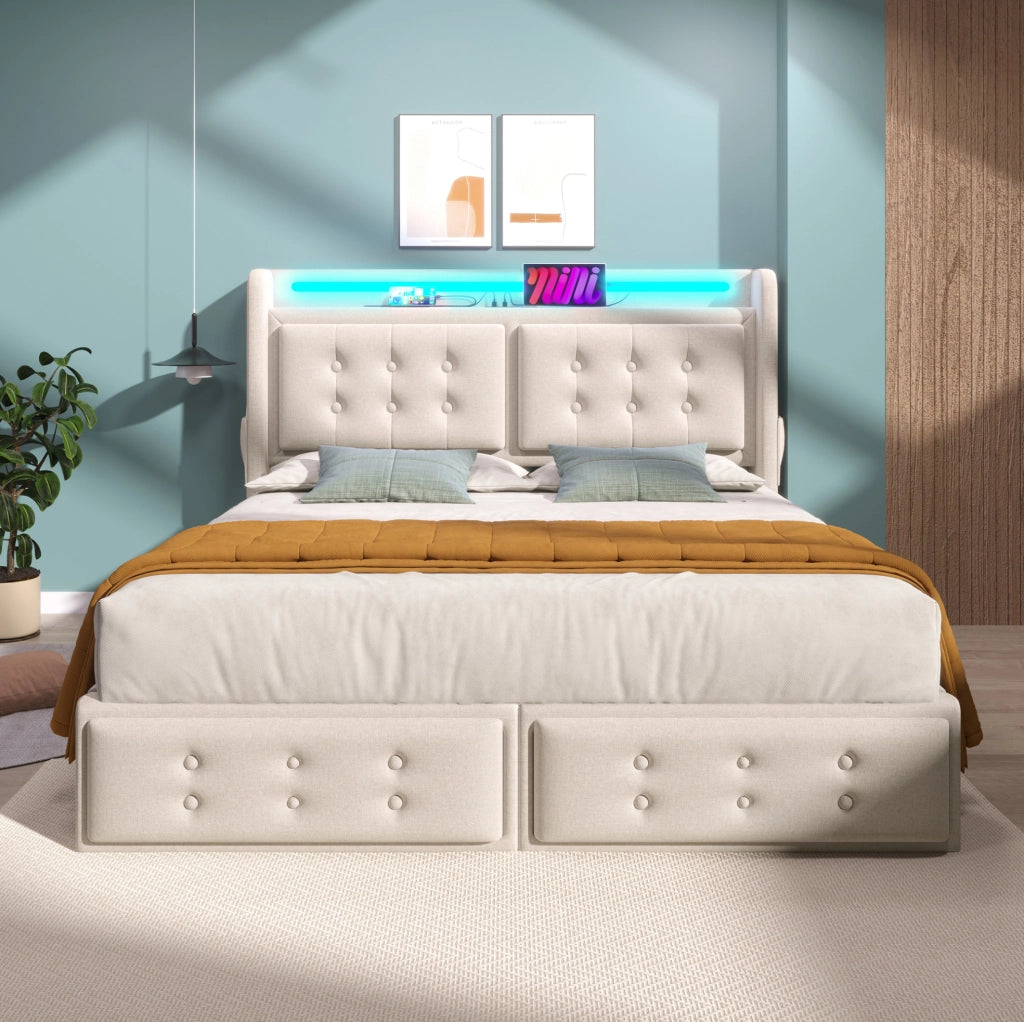 Letto matrimoniale 180x200 cm con LED; USB C e 4 cassetti; tessuto beige