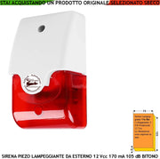 Sirena Lampeggiante con  Trasduttore Piezoelettrico da Parete Melodia Bitonale da 1500 a 4000 Hz 105 dB Alimentazione 12 Vcc Assorbimento 170 mA Fili Polarizzati Contenitore ABS Interno Esterno IP44
