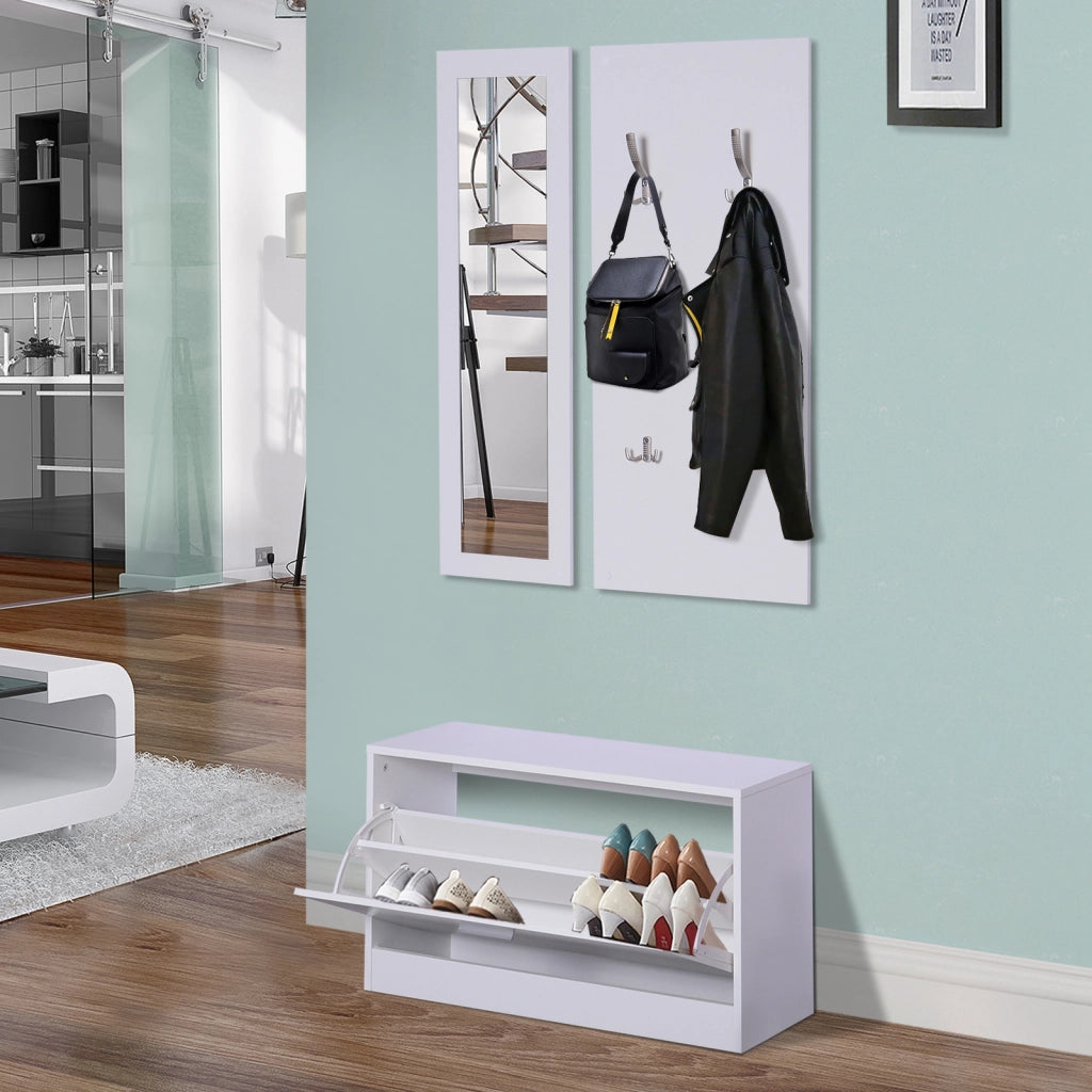 Set Ingresso 3 Pezzi Scarpiera Specchio Appendiabiti ¨C Minimal ¨C Bianco 80x27x46,5cm