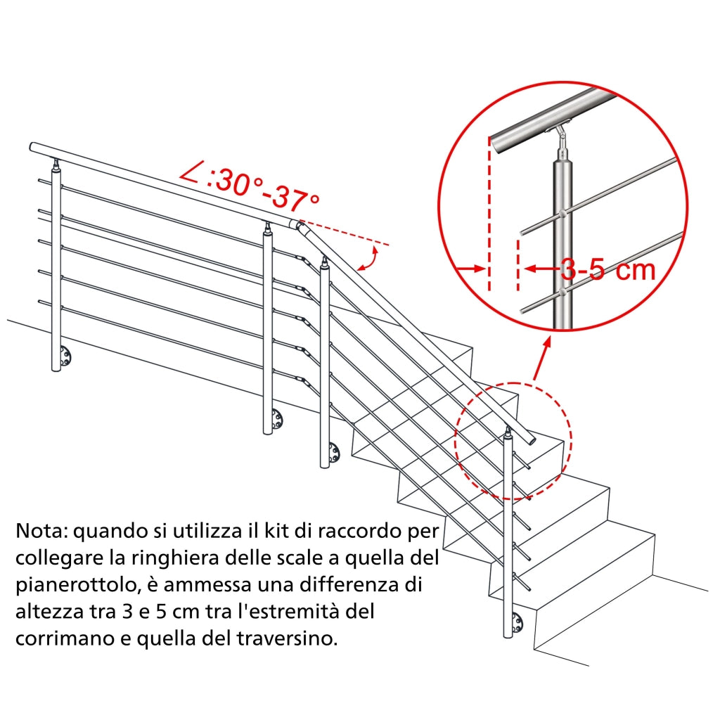 Ringhiera Balaustra Corrimano in acciaio inox 304 spazzolato per scale 120 cm, 5 barre trasversali, fissaggio laterale, per interni ed esterni