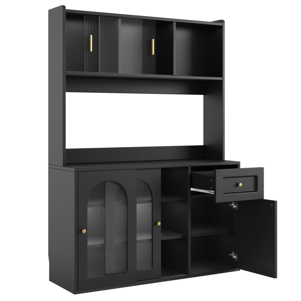 Credenza con LED ¨C MINIMAL ¨C Nero, Ante a Vetro, Ripiani Regolabili