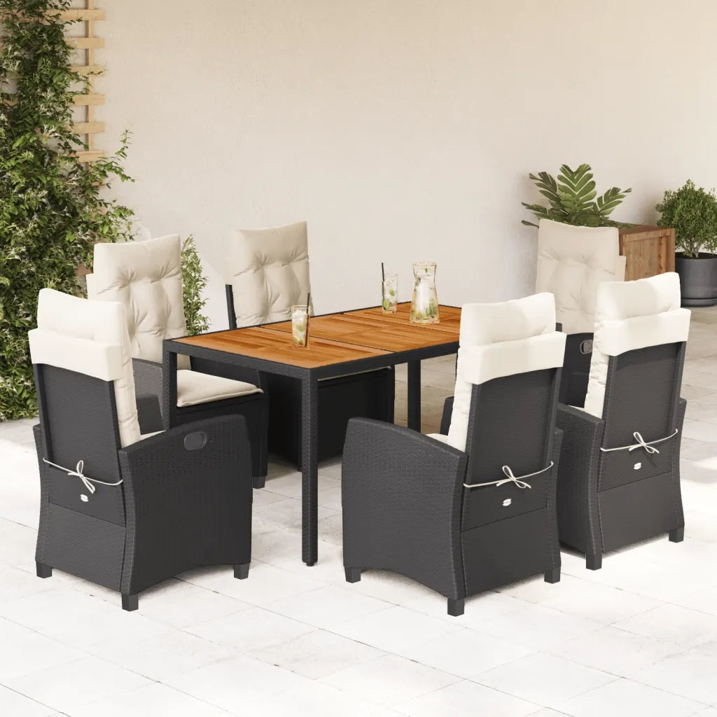 Set da Pranzo da Giardino 7 pz Nero con Cuscini in Polyrattan