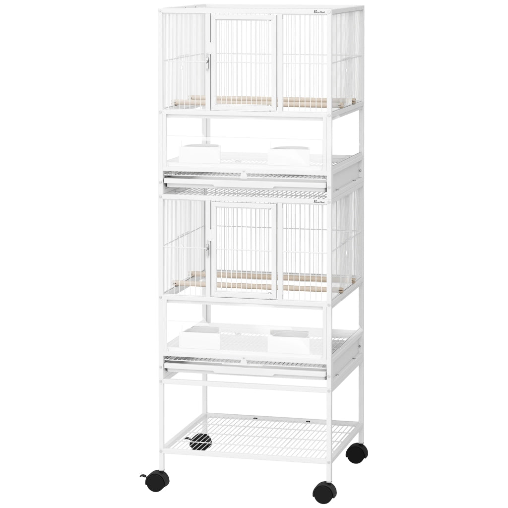 Gabbia per Uccelli a 2 Piani ¨C Xylo ¨C con Pannelli Acrilici Mangiatoie Trespoli Ruote 48x46x134,5 cm Bianco