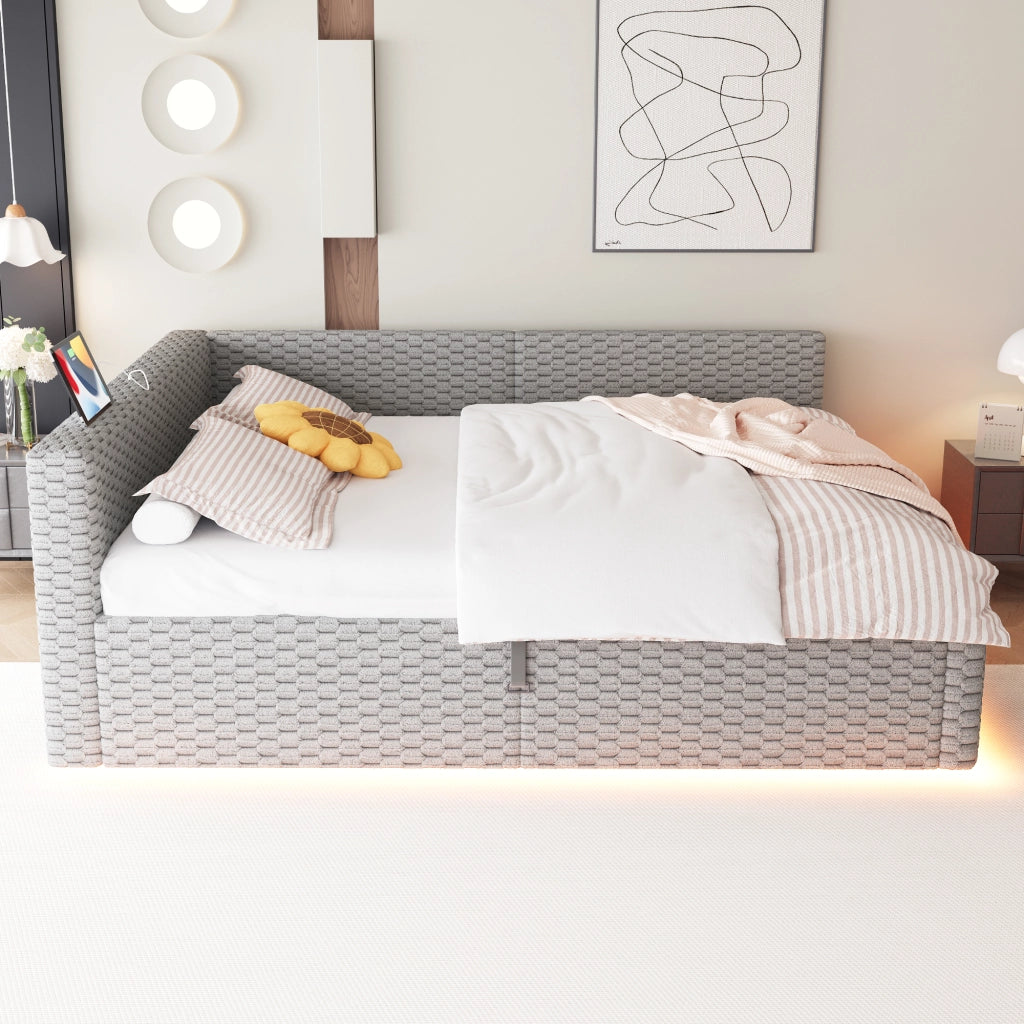 Letto Imbottito 140x200 con LED ¨C MINIMAL ¨C Velluto Grigio, Idraulico, USB