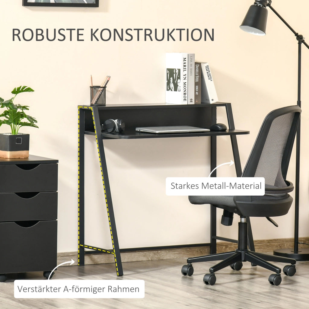 Scrivania lineare con ripiano e passacavi; struttura in MDF e metallo nero; per ufficio e studio; 84×45×85 cm