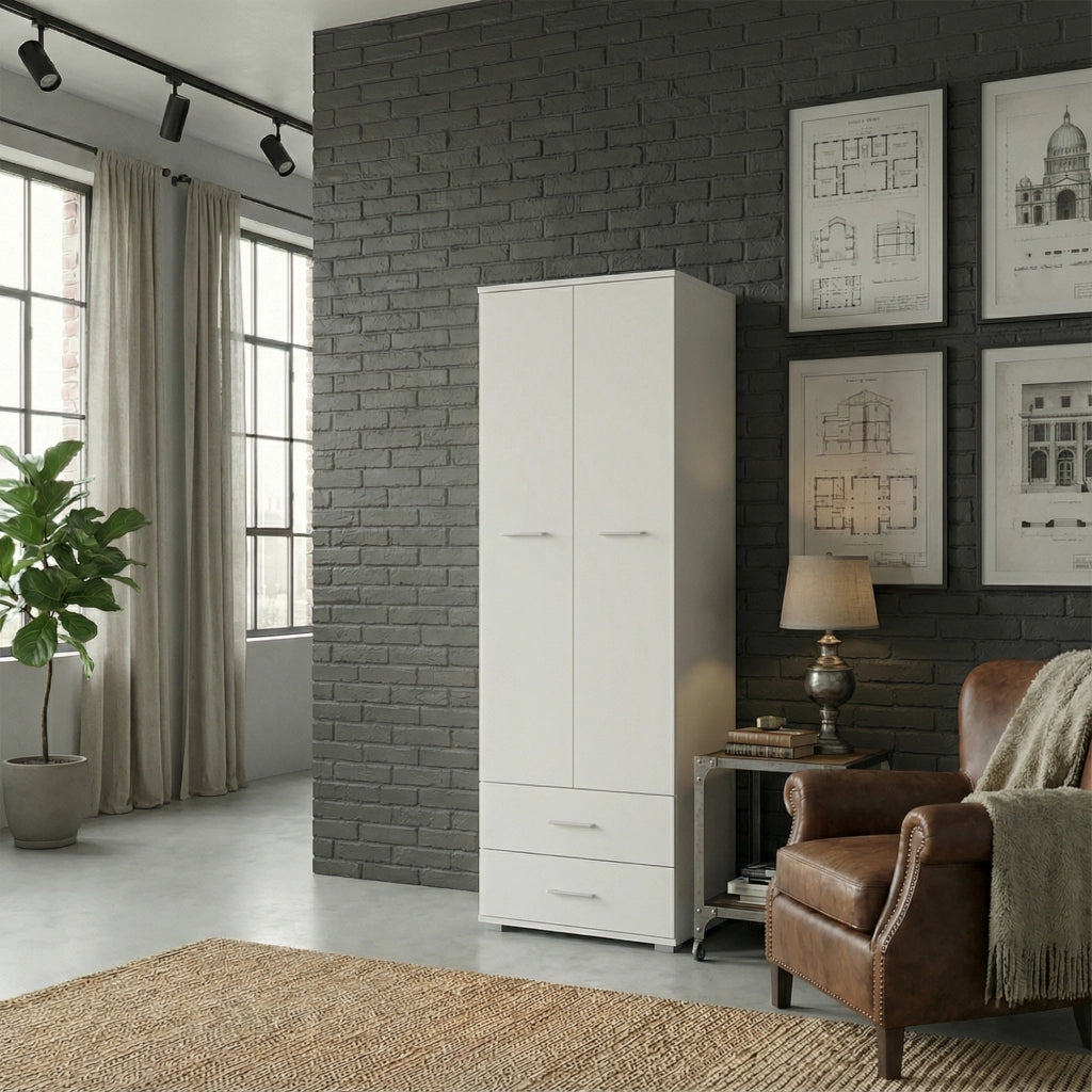Armadio FAUSKE - 2 Cassetti - Bianco - Larghezza 69 cm, Altezza 180 cm, Profondit? 36 cm