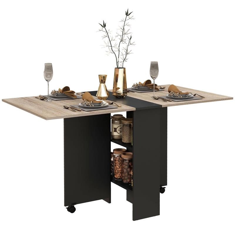TAVOLO PIEGHEVOLE CONSOLLE PER 4-6 PERSONE CON RUOTE E RIPIANI, 140X75X74CM, ROVERE E NERO