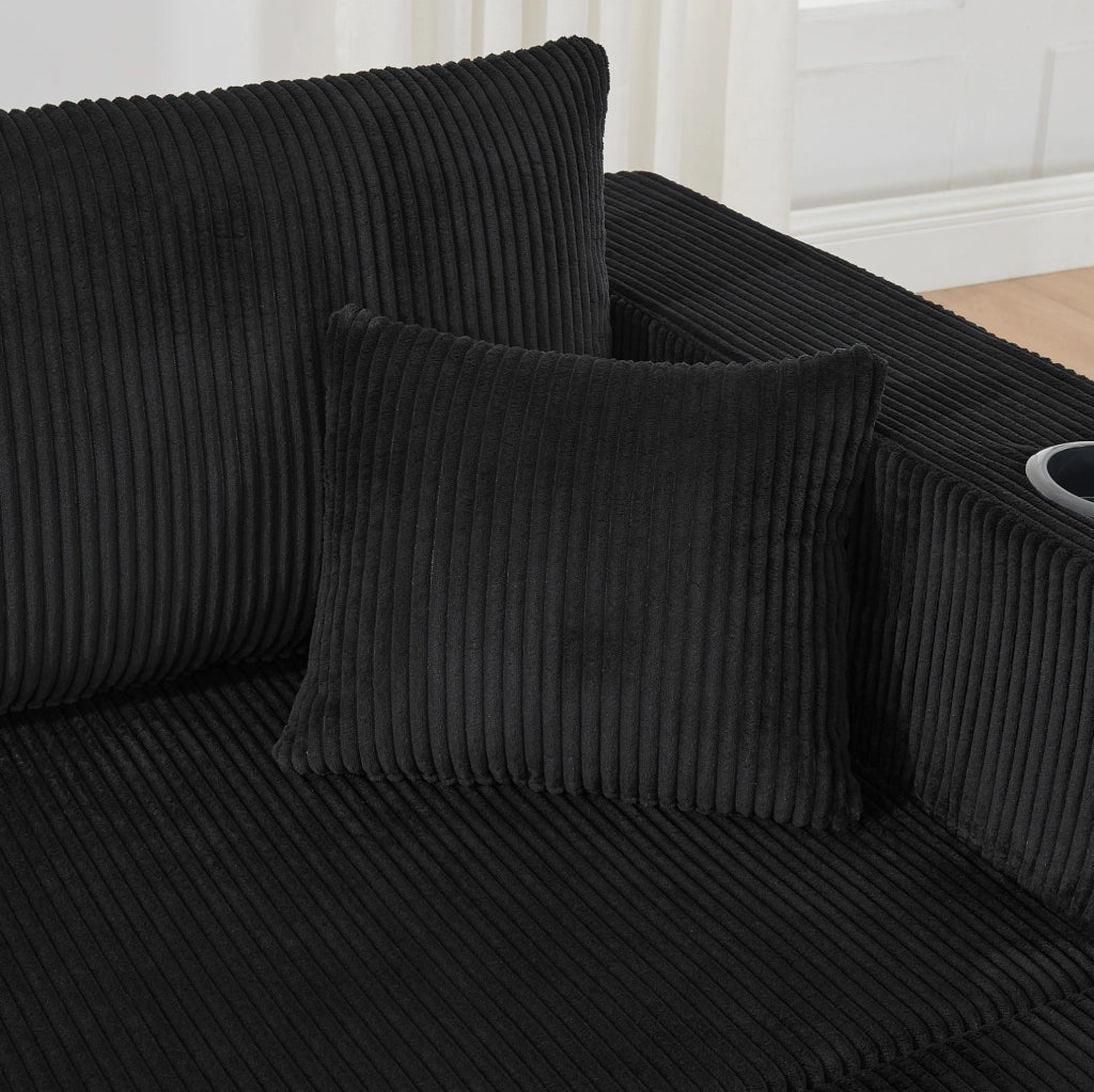 Divano angolare modulare 3 posti con 2 pouf mobili; portabicchieri e tasche laterali; nero