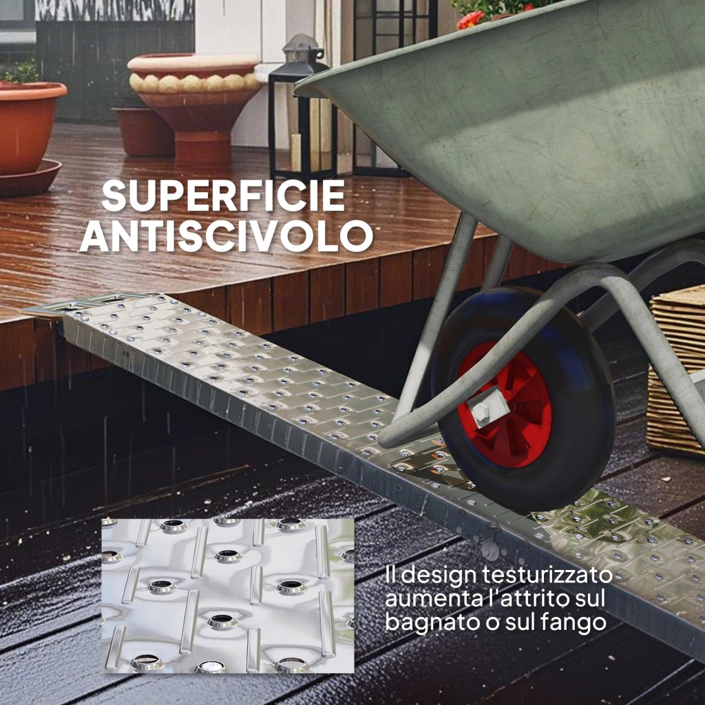 Rampa di Carico Pieghevole e Antiscivolo per Moto con Cinghia di Sicurezza in Acciaio Argento