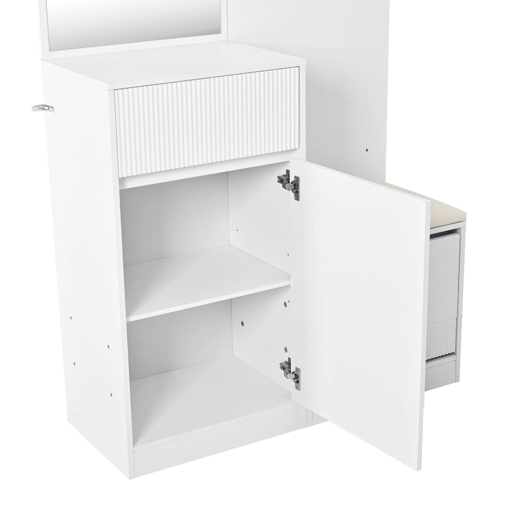 Garderoba compatta bianca con scarpiera, panca, specchio e LED controllabile da app