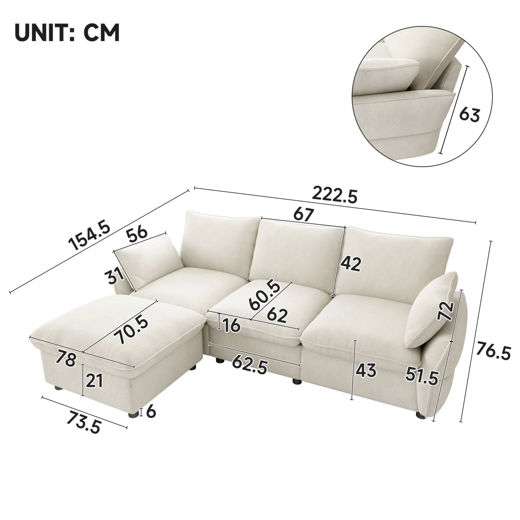 Divano angolare 3 posti - con pouf e 2 cuscini - per soggiorno e casa - in chenille beige