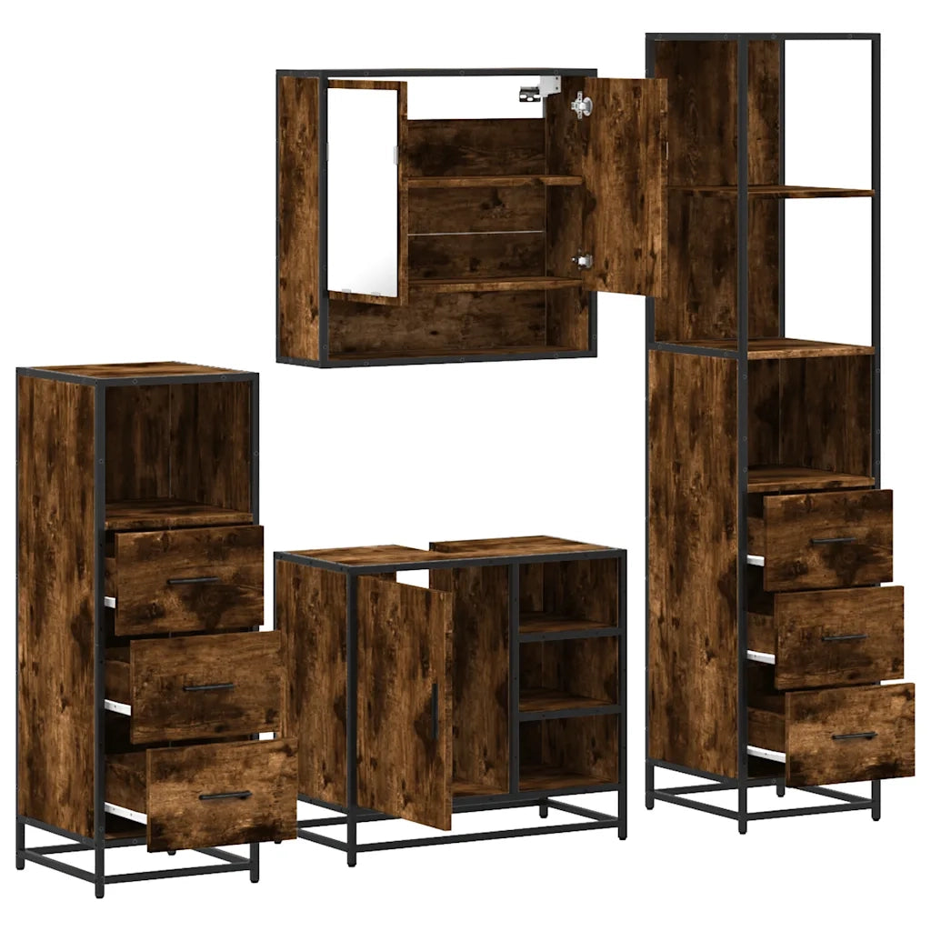 Set Mobili da Bagno | Armadio da bagno 4 pz Rovere Fumo in Legno Multistrato