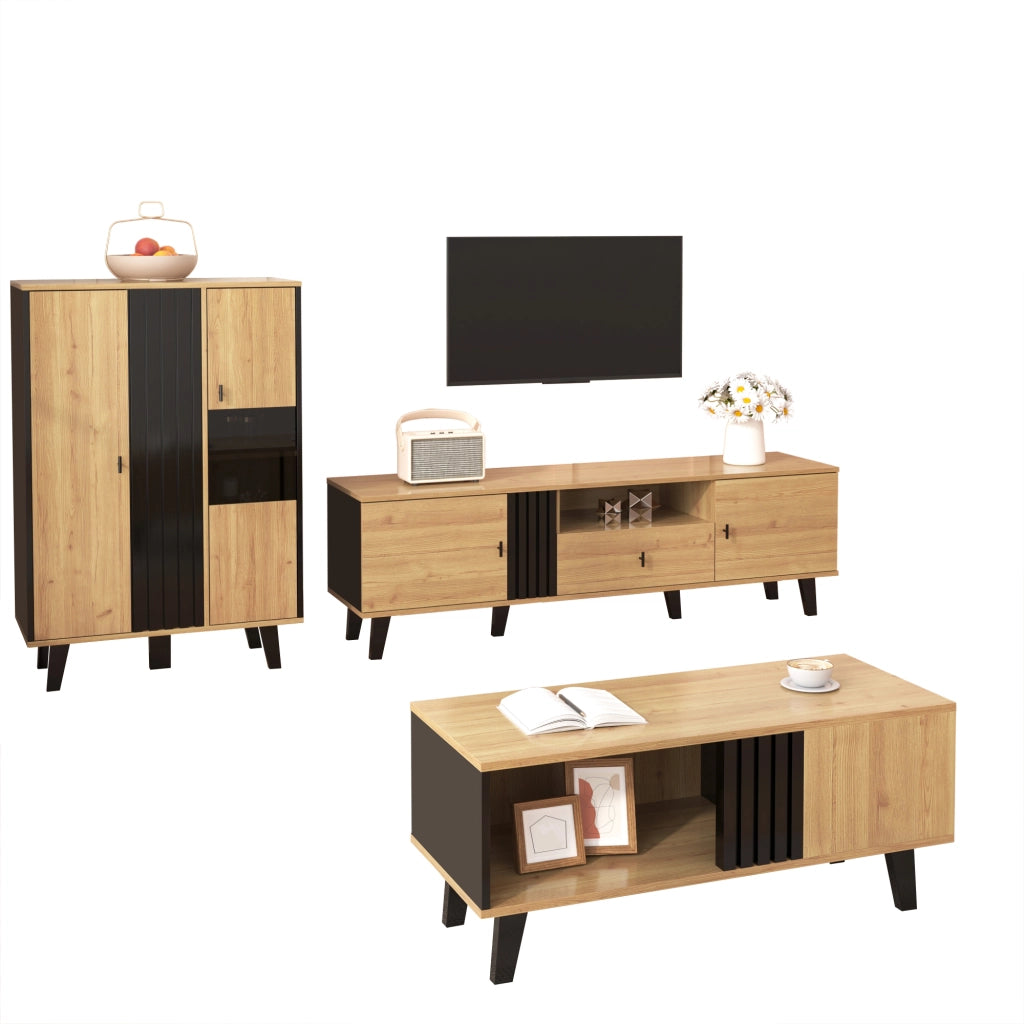 Credenza con LED e Vetro ¨C Xylo ¨C Legno e Nero, 140x78,5x41 cm