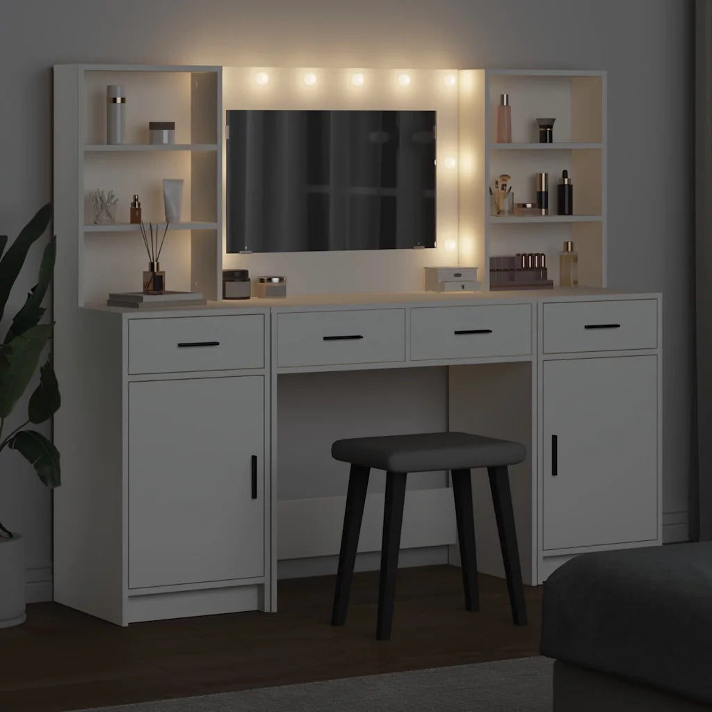 Set da Toeletta | Tavolo da Trucco con LED 3 pz Bianco Legno multistrato