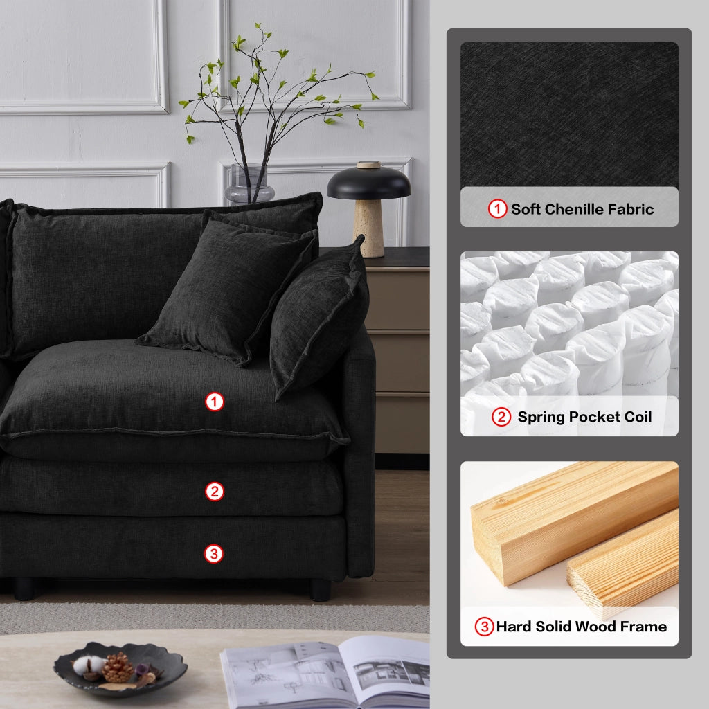 Divano angolare modulare 3 posti con pouf mobile chaise longue e rivestimento sfoderabile in chenille nero