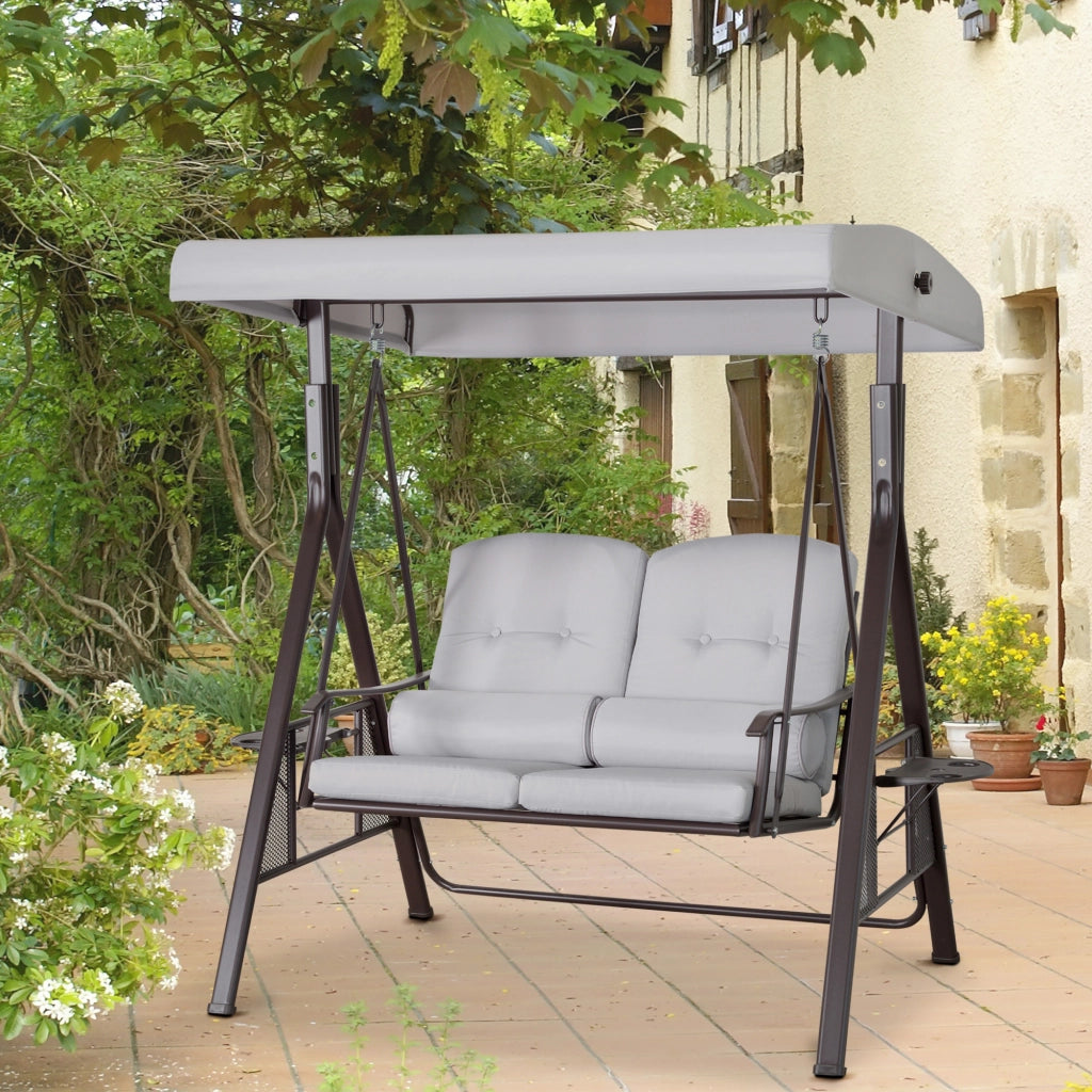 Altalena per portico a 2 posti con tendone solare cuscino e vassoio altalena da giardino moderna in metallo e poliestere grigia 162x118x173cm