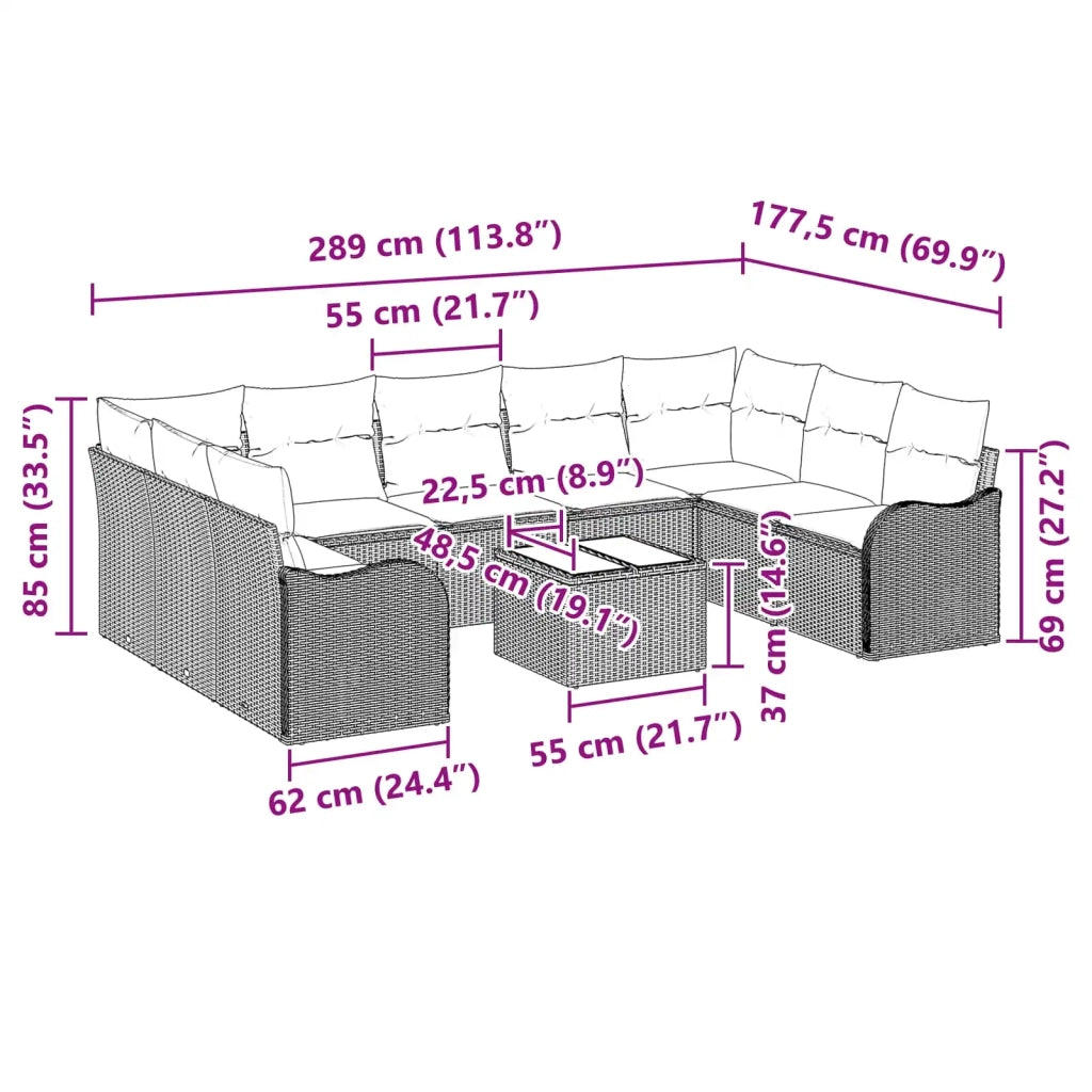 Set Divano da Giardino 10 pz Grigio polyrattan 3345875