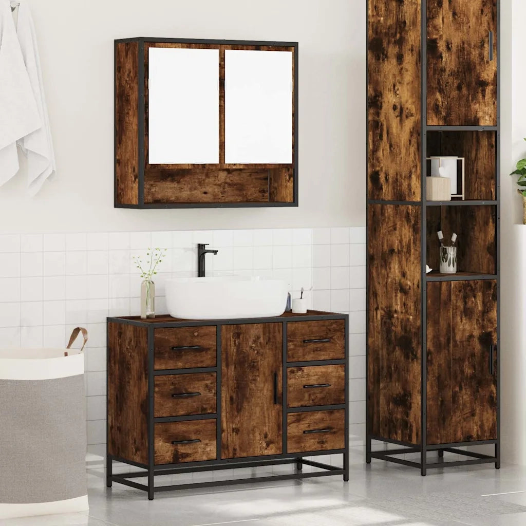 Set Mobili da Bagno | Armadio da bagno 2 pz Rovere Fumo in Legno Multistrato