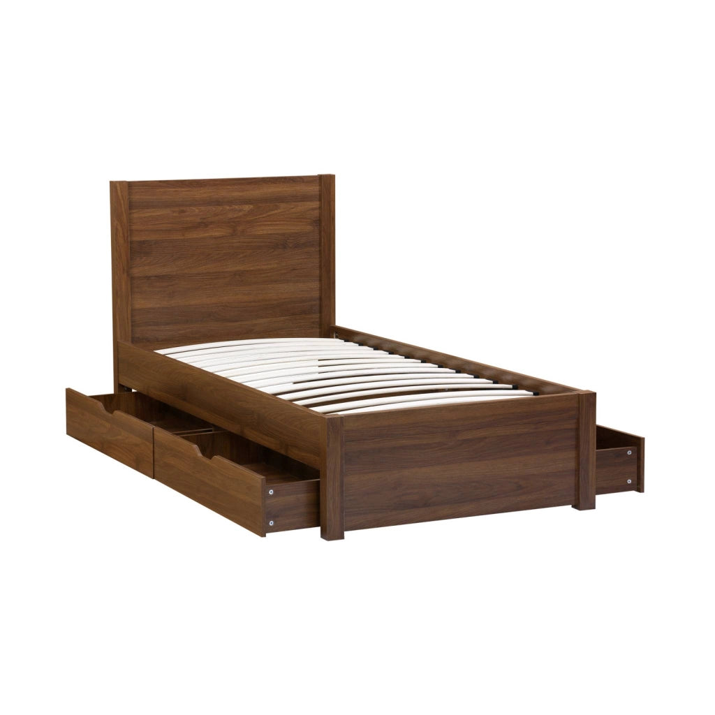 Letto con rete a doghe e testiera 90x190cm + 4 cassetti, noce