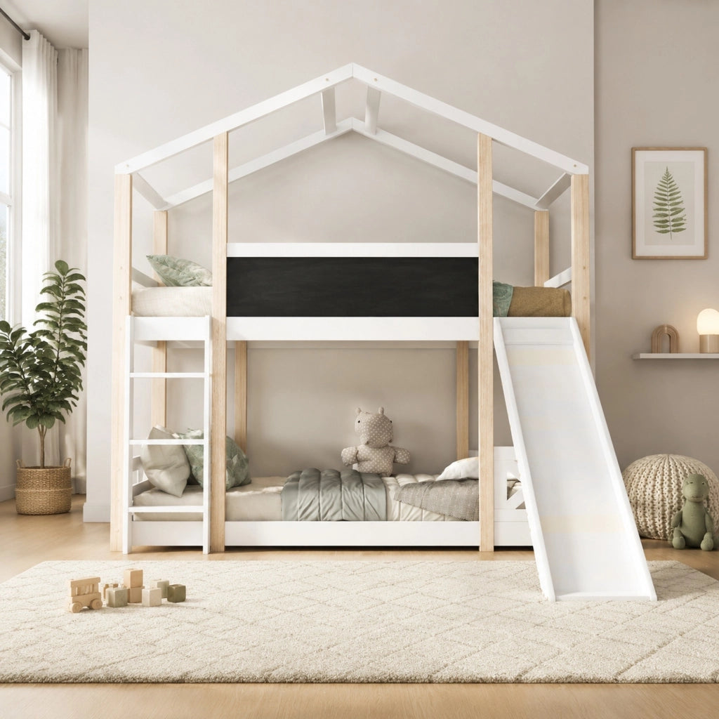 LETTO A SOPPALCO 90x200 cm Legno massello Bianco con scala e scivolo
