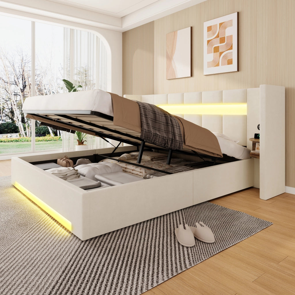 LETTO Contenitore 160x200 cm in velluto beige con USB, LED e idraulico