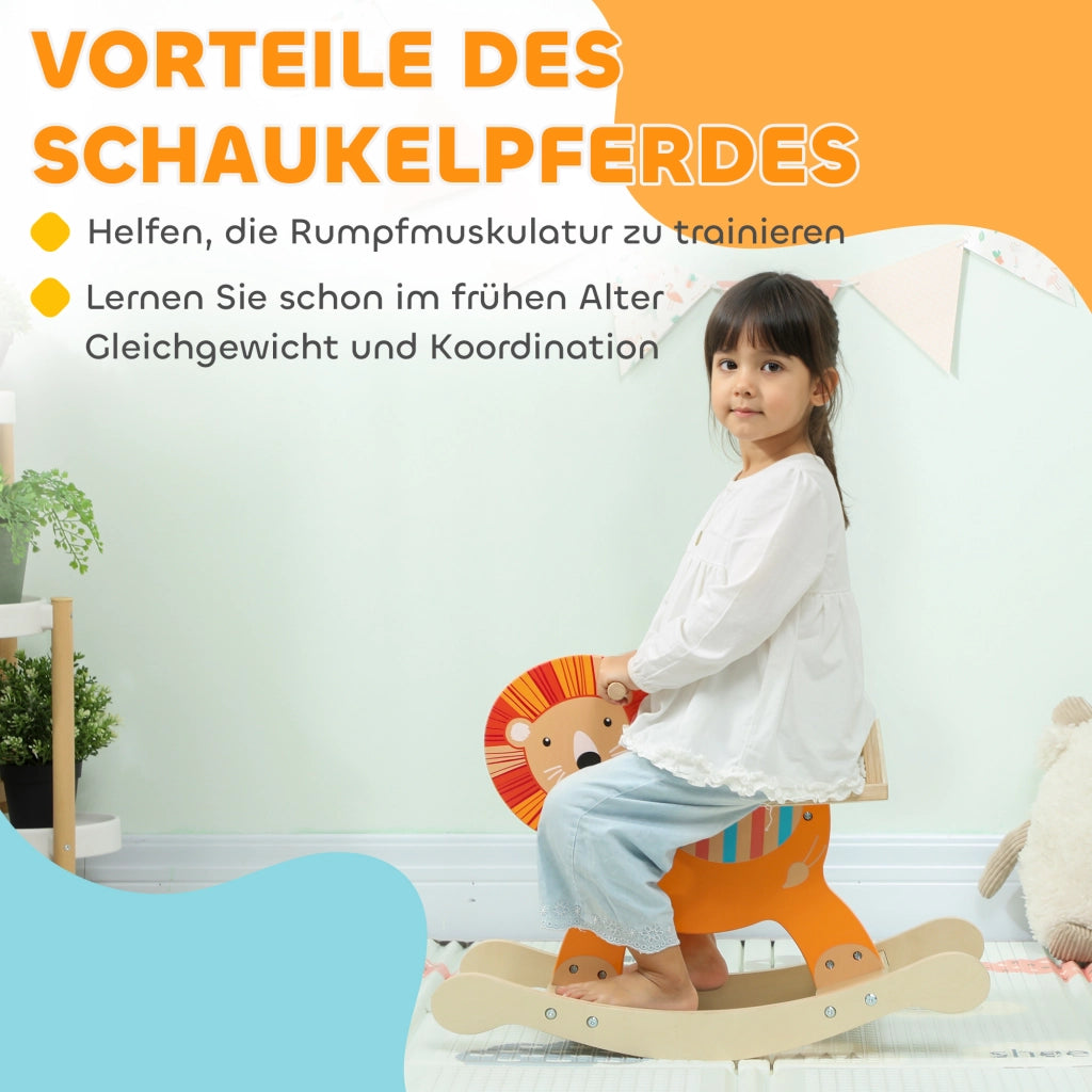 Cavallo a Dondolo con Design Leone per Bambini ¨C Minimal ¨C Legno Arancione