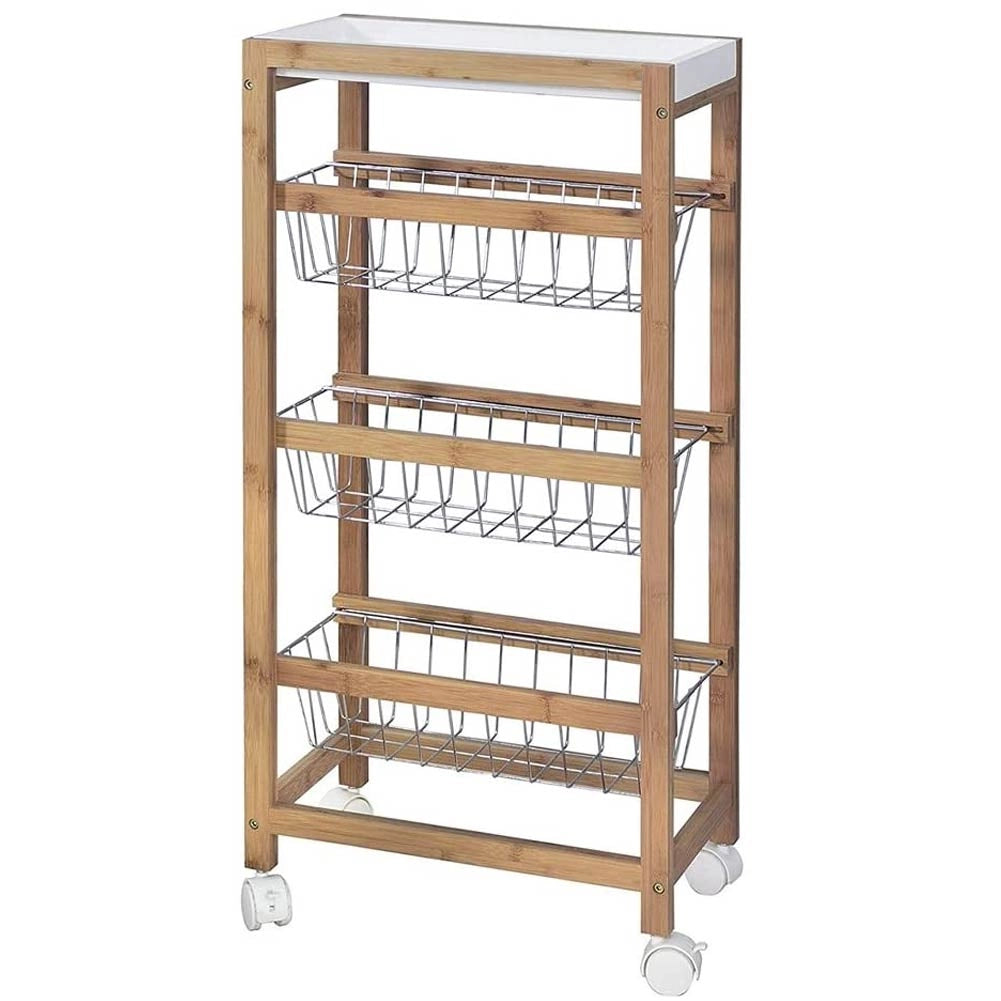 Carrello Cucina Slim Salvaspazio in Bambù con ruote 3 Cestelli e Vassoio