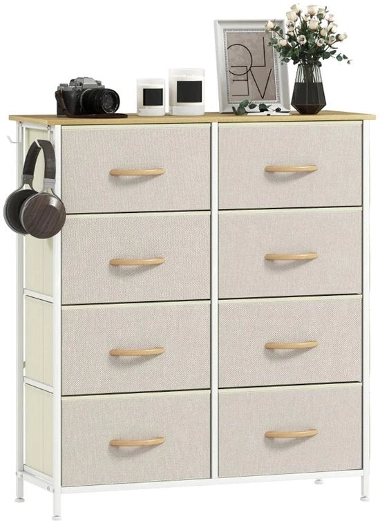 Cassettiera da camera da letto - 8 vetrine di stoffa - Sostegni in acciaio - Superficie in legno - 4 ripiani di archiviazione