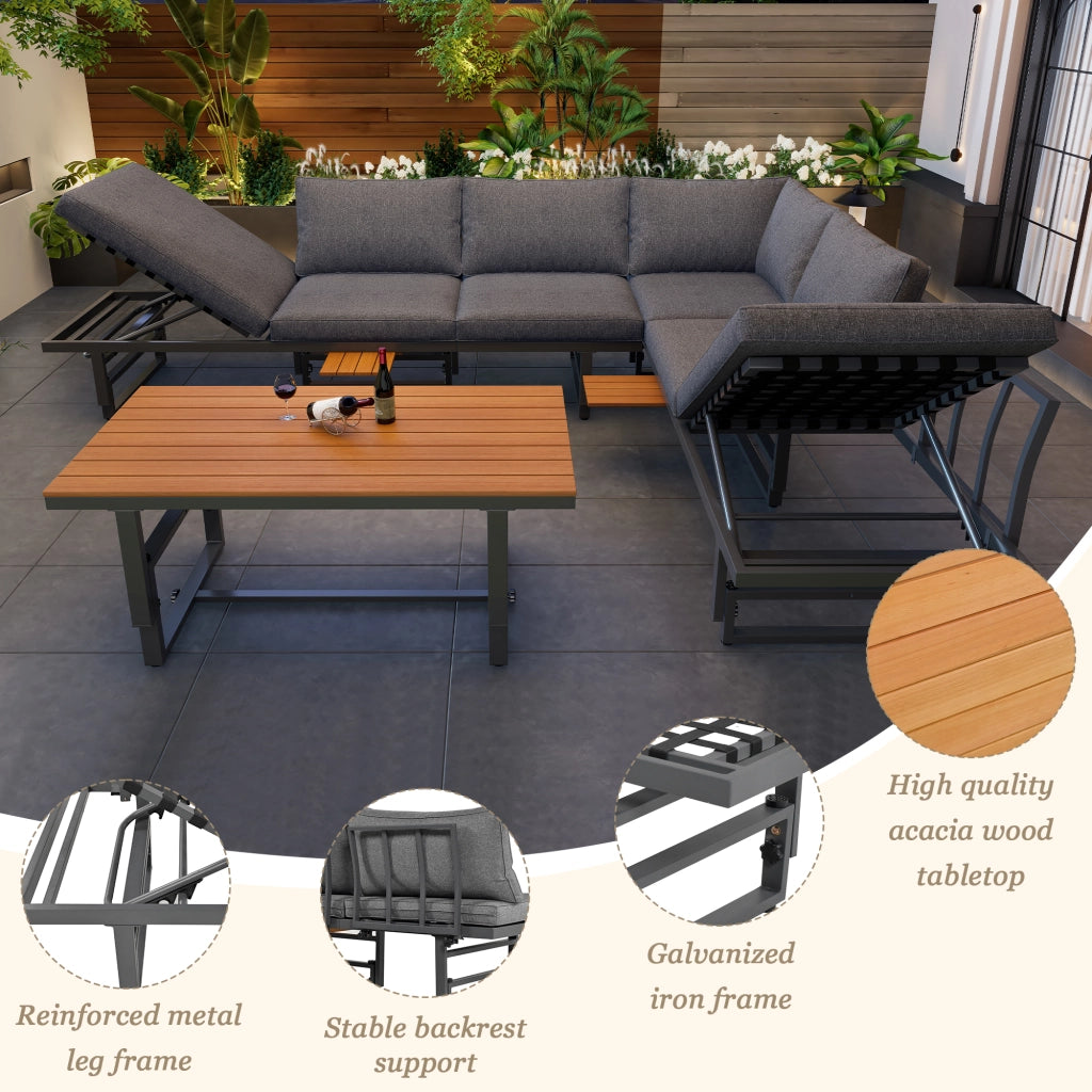 OKWISH Set 3 pezzi 2 Divanetti e 1 Tavolo da Giardino, con Cuscini e Piani Regolabili, Ferro Grigio