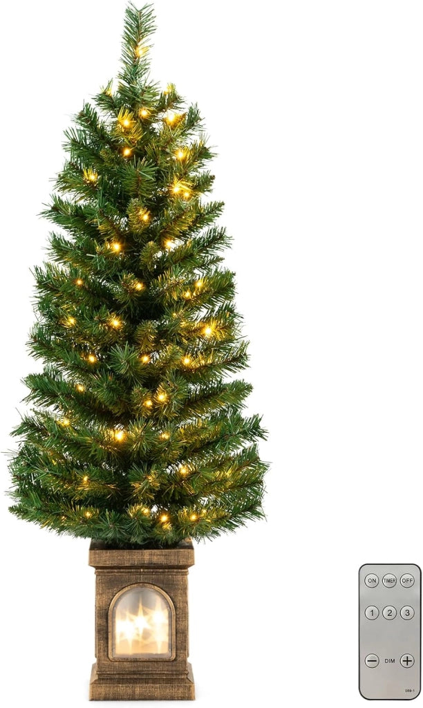 Albero di Natale Piccolo da Tavolo 120 cm, Albero di Natale Artificiale in Vaso con Luci e Rami Densi, Decorazione Natalizia per Casa, Ufficio e Negozio (Verde e Bronzo)