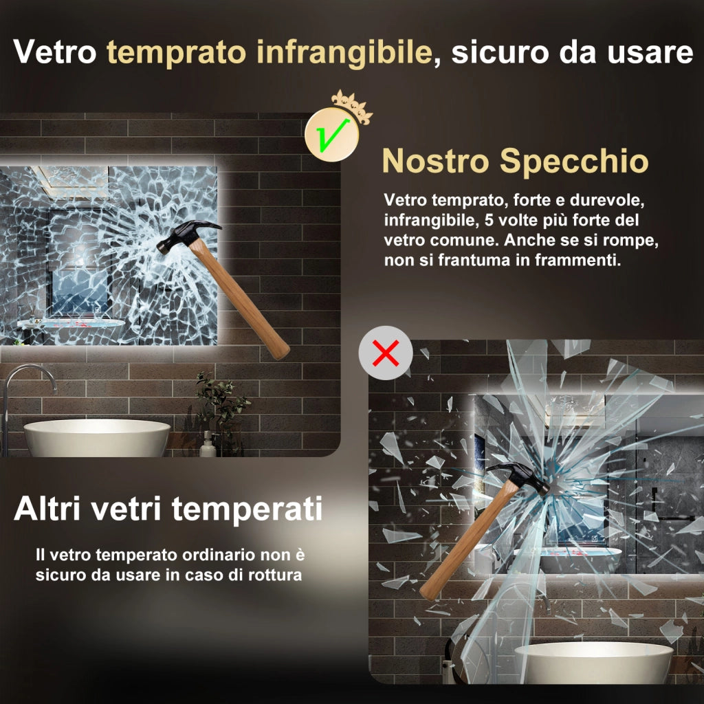 specchio 80 x 60 cm rettangolare con luce led antiappannamento e touch