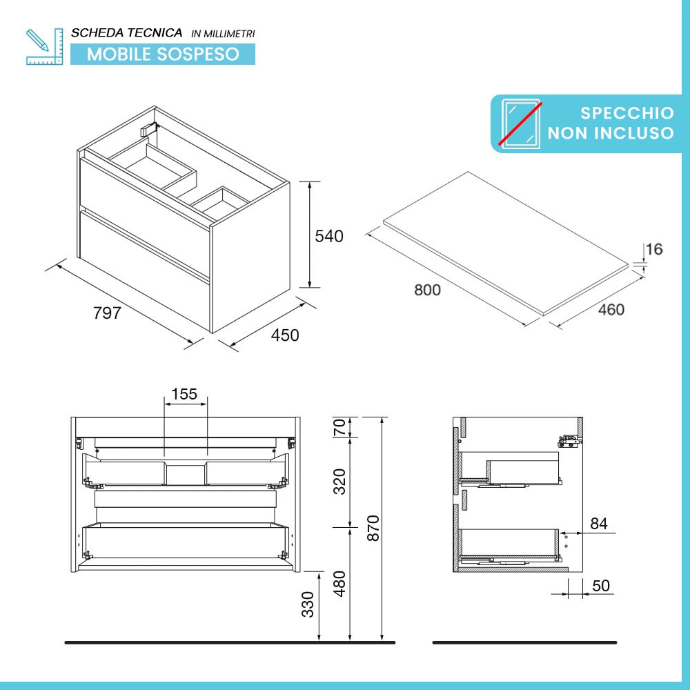 Mobile bagno sospeso 80 cm rovere bali con top per lavabo da appoggio Gaya