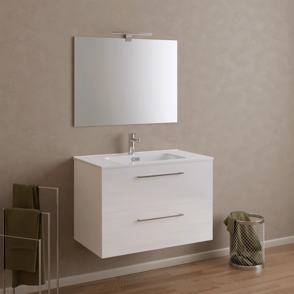 Mobile da bagno sospeso 100cm bianco lucido con lavabo e specchio | Hana