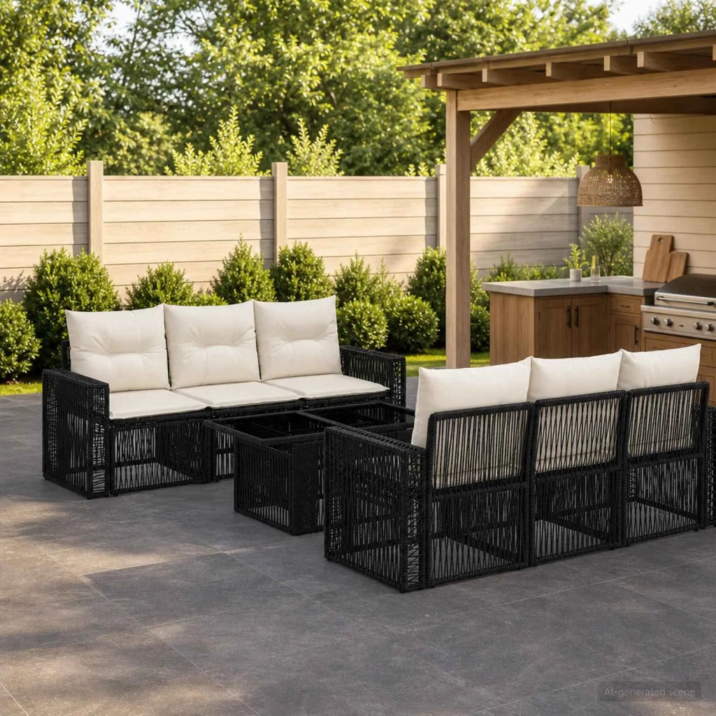 Set Divano da Giardino 7 pz Nero e Bianco Crema polyrattan 3436747