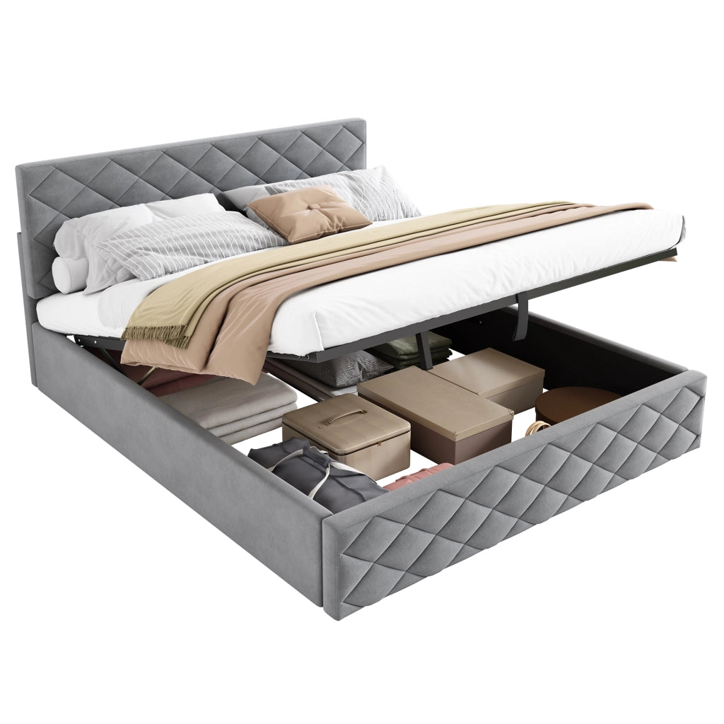 Letto Contenitore Imbottito con Rete a Doghe e Idraulico ¨C MINIMAL ¨C Grigio 140x200