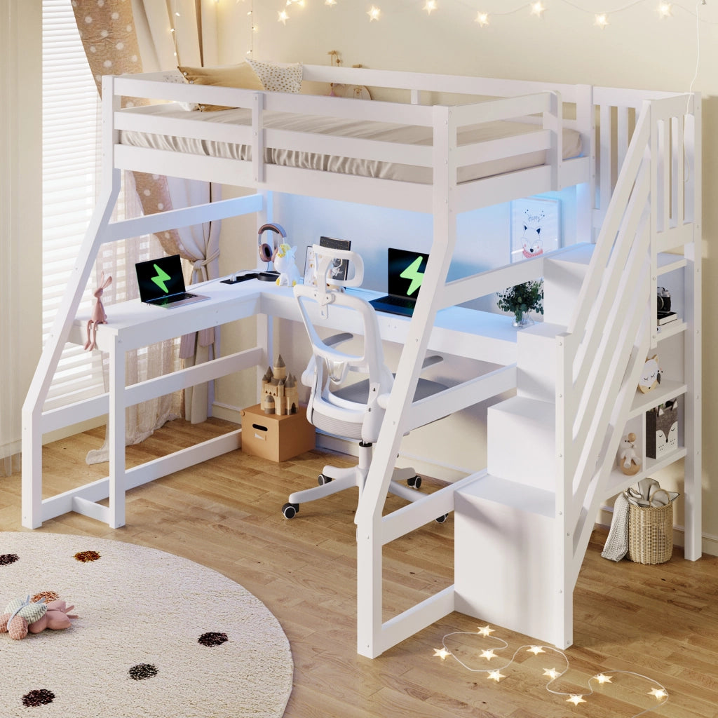 LETTO A CASTELLO 90x200 cm con scrivania, LED e scala con contenitore, bianco