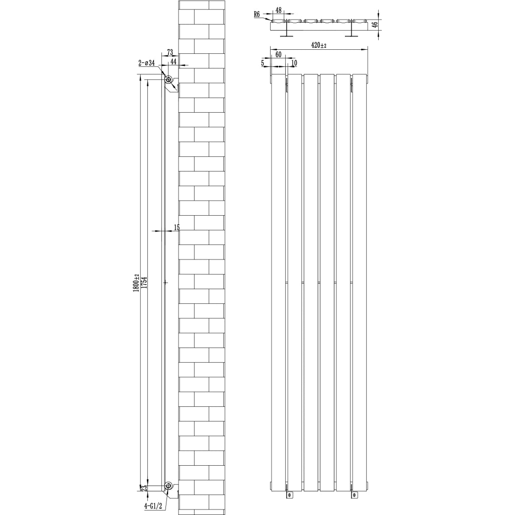 Radiatore Verticale 1800 x 420 mm con Valvole TRV Nero