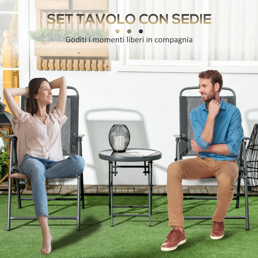Set 3 Pezzi da Giardino con 2 Sedie 53,5x64x93 cm e Tavolino da Caffè Ø45x50 cm in Metallo Grigio Scuro
