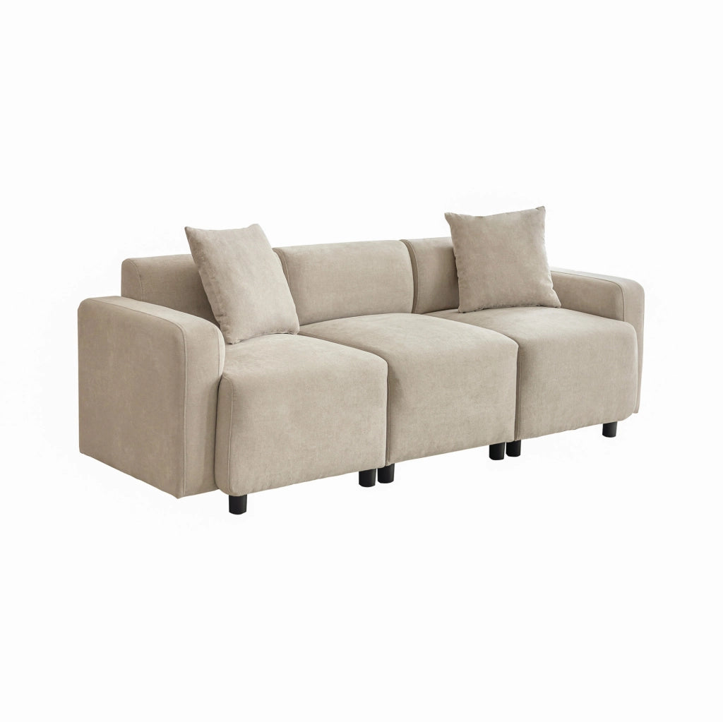 Divano a 3 posti in ciniglia beige con cuscini; design moderno; 211x67x71 cm