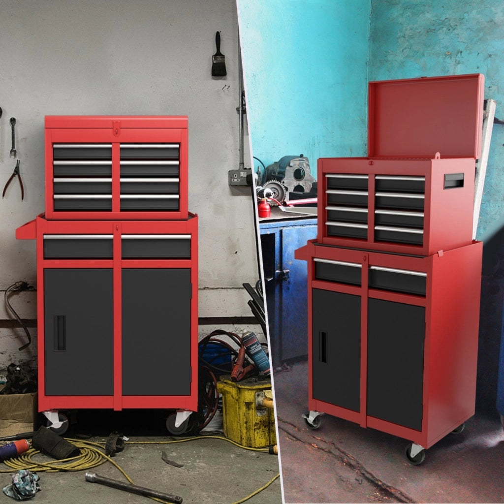 Cassettiera portautensili a 5 cassetti, Armadio portautensili con ruote bloccabili ripiano regolabile Rosso e nero
