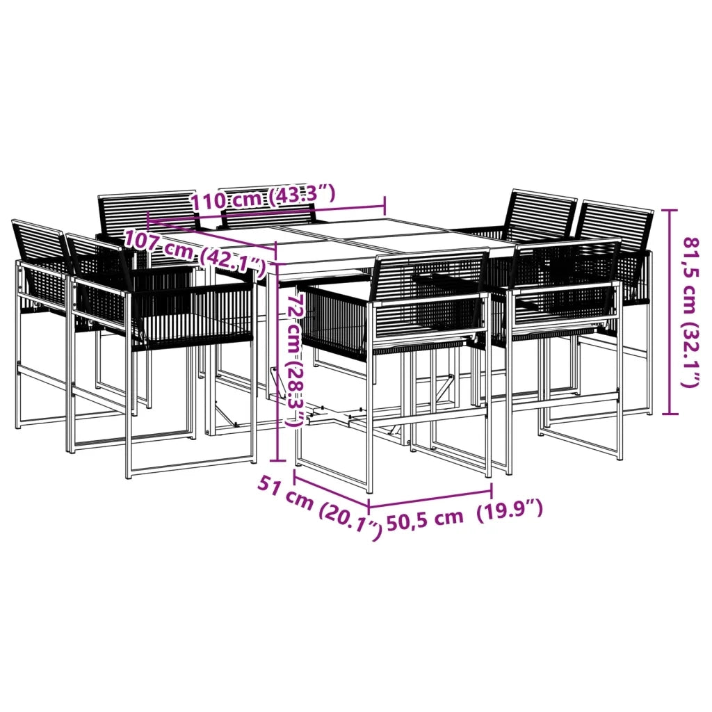 Set da Pranzo da Giardino 9 pz con Cuscini Nero in Polyrattan 3295013