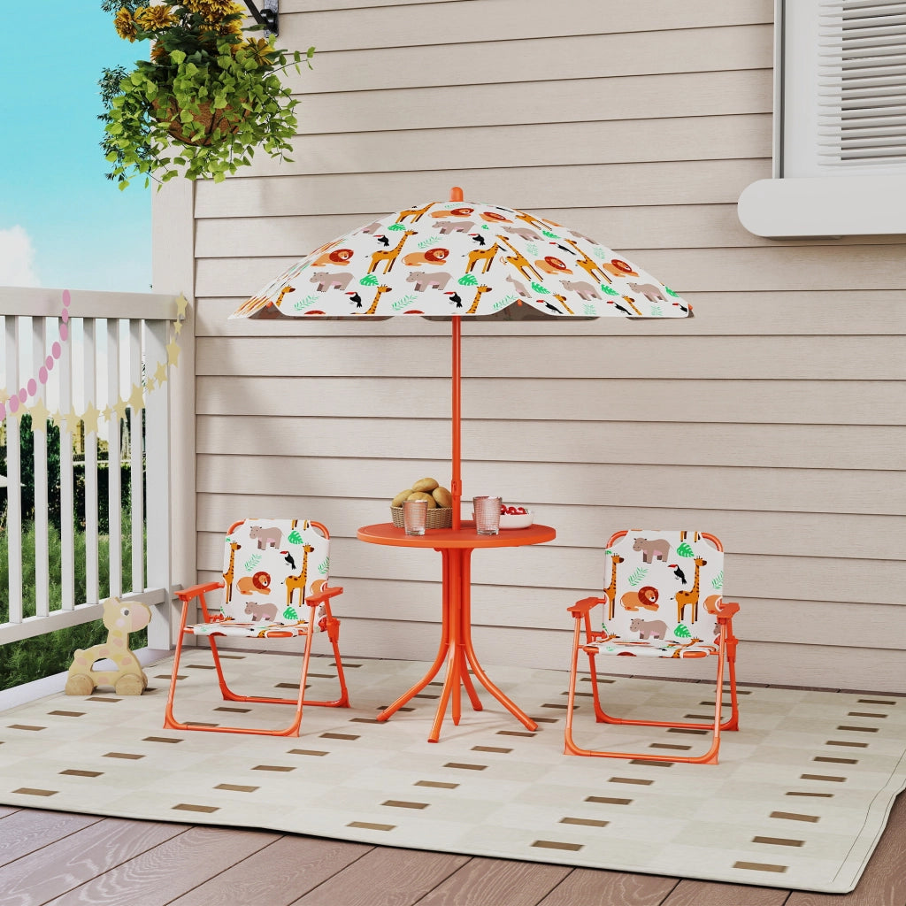 Set da giardino per bambini con tavolo e 2 sedie pieghevoli e ombrellone ¨C Minimal ¨C arancione, ? 100 cm, motivo animali