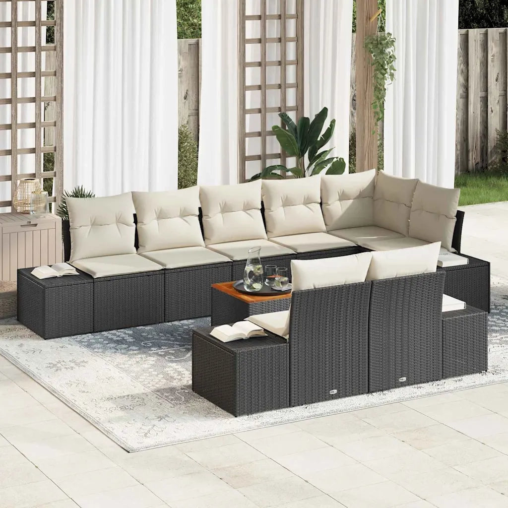 Set Divano da Giardino con cuscino 9 pcs Nero polyrattan