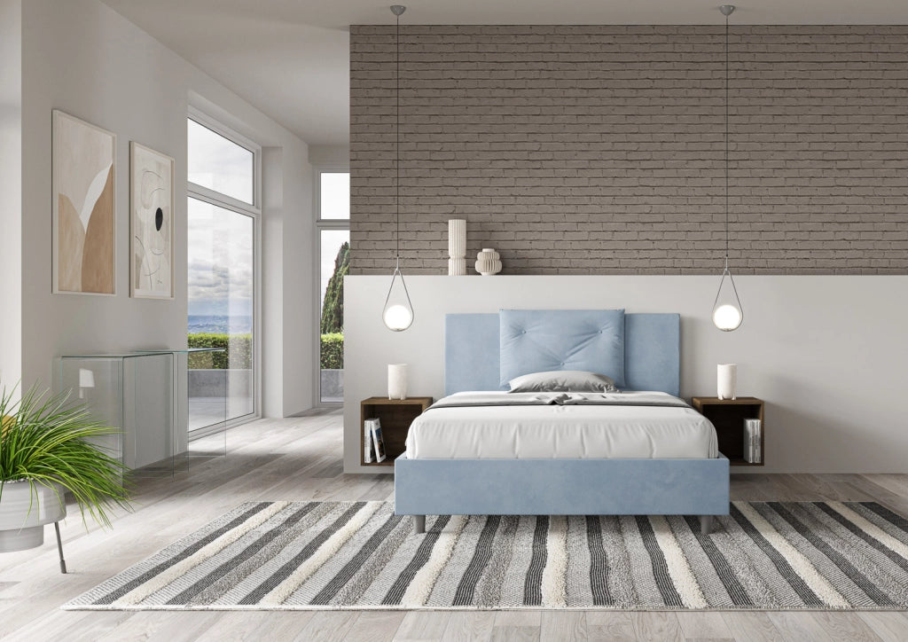 BS COM Letto una piazza e mezza contenitore imbottito 130x200 microfibra azzurro